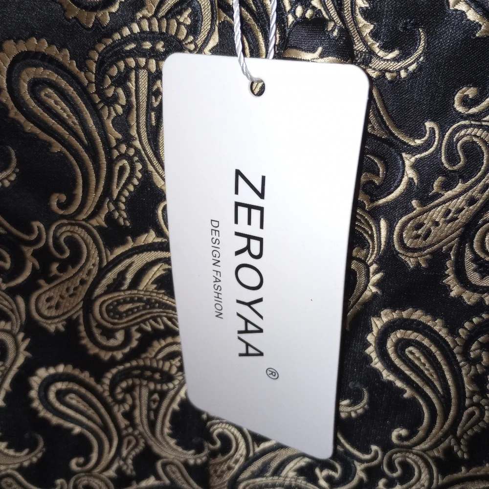 Zeroyaa Classic 3 Pc Black/Gold Vest Set With Tie & Pocket Square Size XXL NWT - Picture 8 of 11